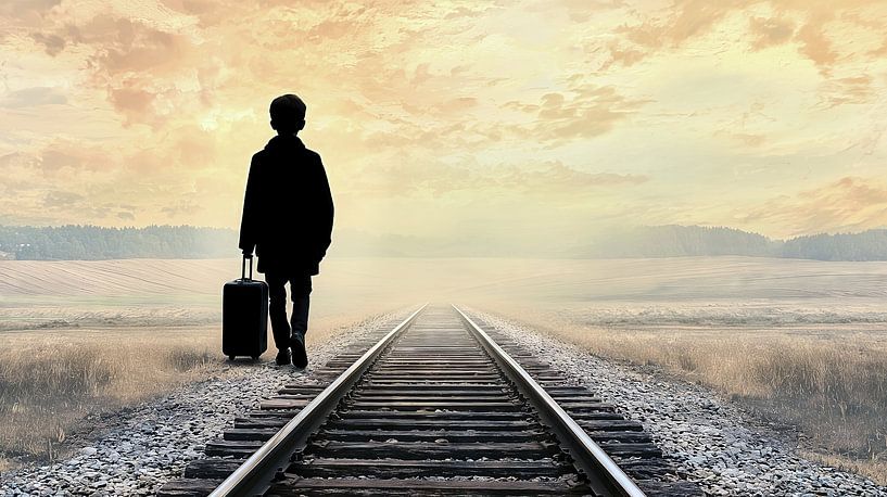 Silhouette eines Jungen auf Gleisen von Frank Heinz