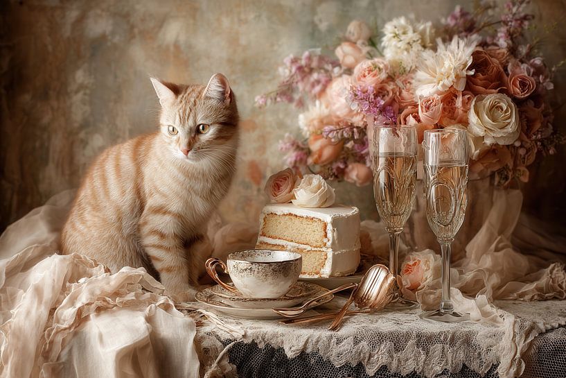 Cat with Pastry and Flowers - Elegant Painting by Joriali photography and paintings