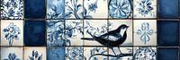 Blue and white tile art with flowers and bird motifs delft blue panorama