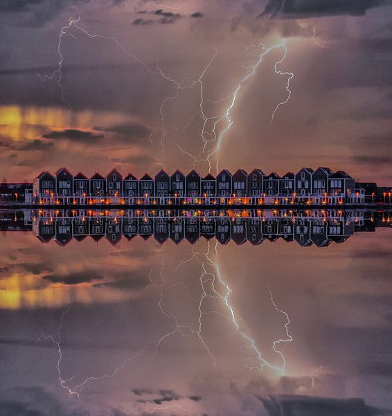 Réflexion de l'eau, maisons arc-en-ciel, en bois, Pays-Bas par Maarten Kost