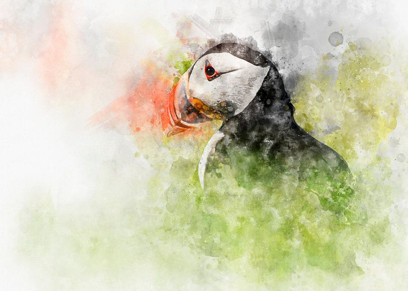 Puffin watercolour portrait by Elles Rijsdijk