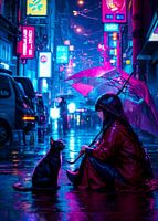 Cyberpunk Style Anime Mädchen mit Katze