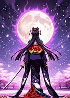 Japanische Geisha mit Katana im Mondschein