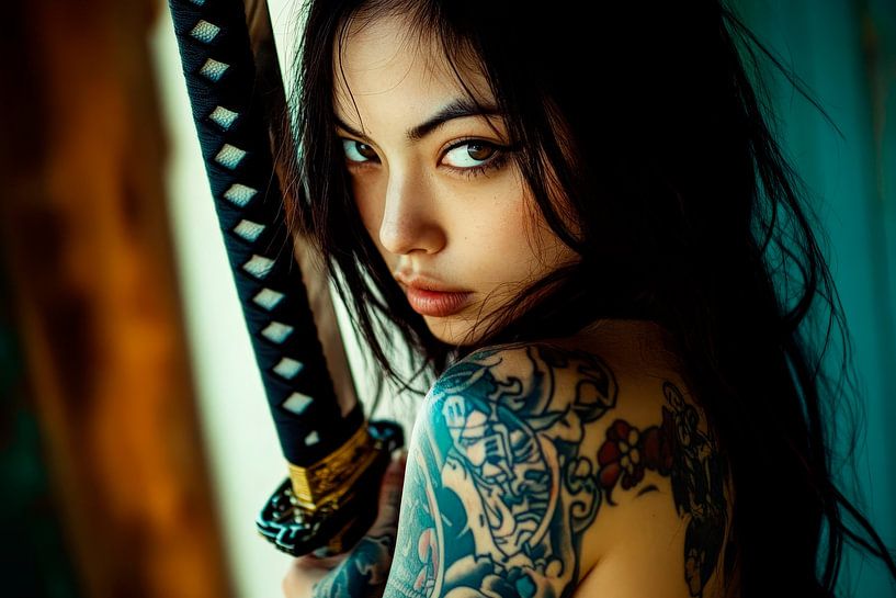 Frau mit Schwert und Tattoos – Dramatisch von Poster Art Shop