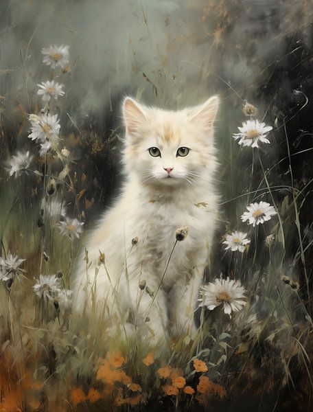 Weißes Kätzchen zwischen Gänseblümchen von Emil Husstege