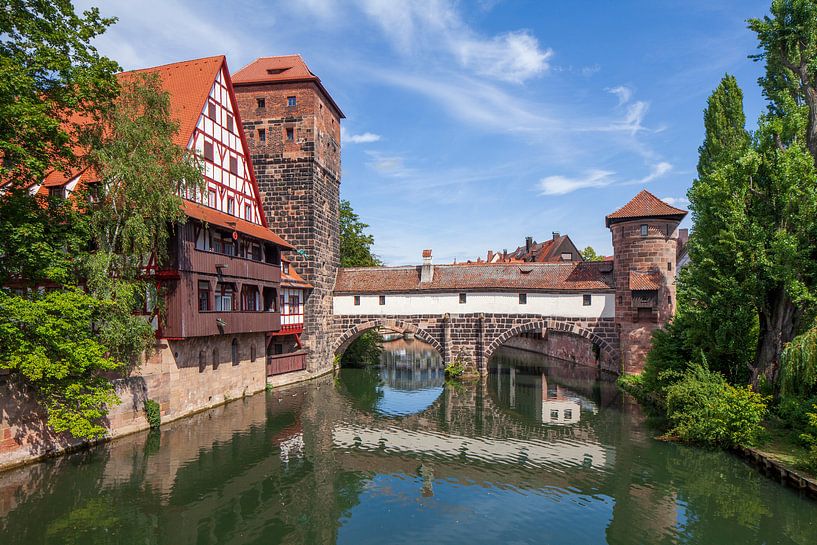 Wine bar, water tower, hangman's bridge on the river Pegnit by Torsten Krüger