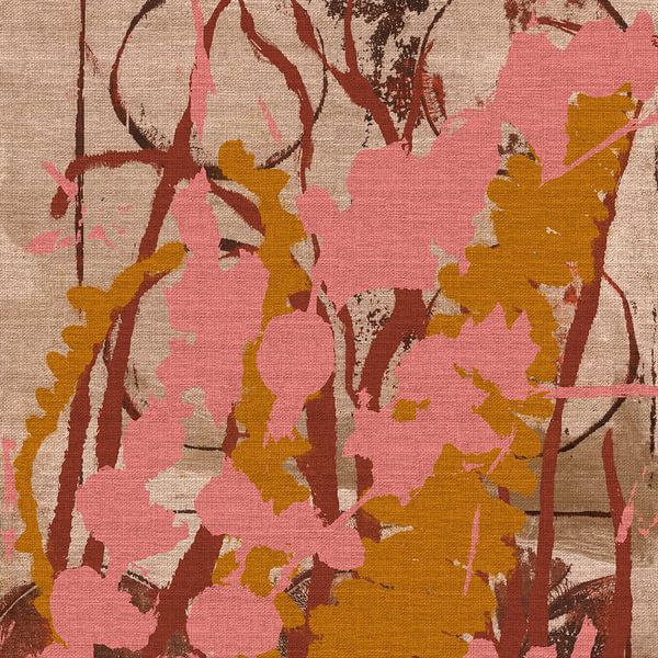 Tapisserie colorée. Fleurs roses et feuilles de fougère ocre. par Dina Dankers