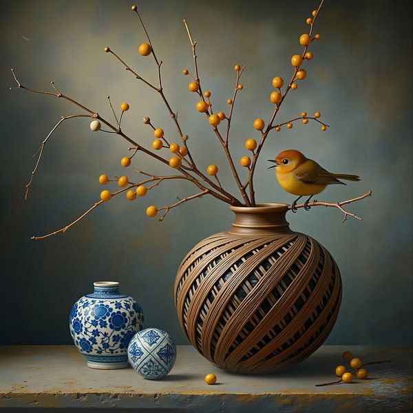 Goldenes Gleichgewicht - Vogel in Vase mit orangefarbenen Beeren von Kleurenrijk