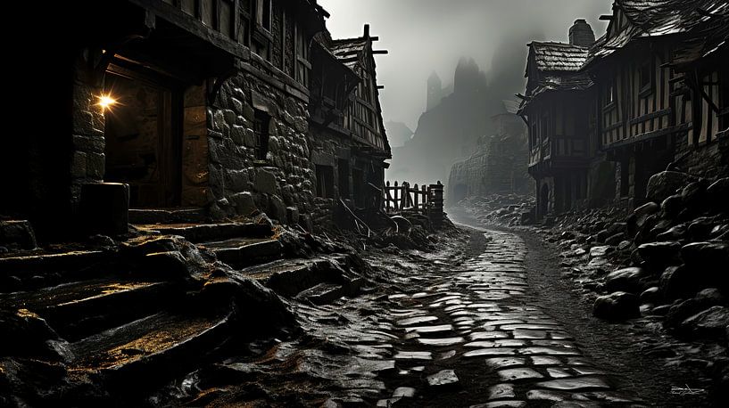 old building in black and white with dramatic light by Gelissen Artworks