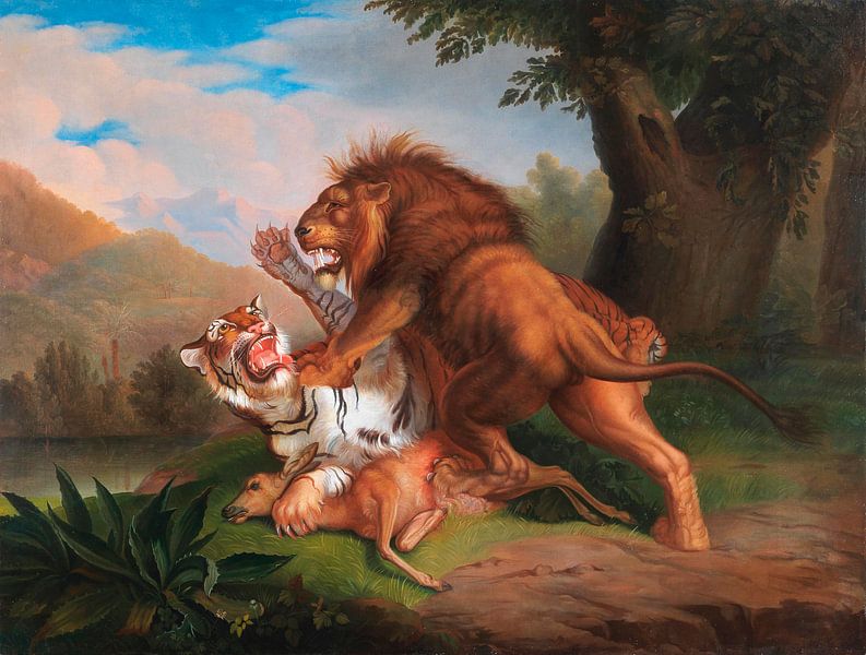 Tiger und Löwe streiten um ein Rehkitz, Johann Wenzel Peter von Meisterhafte Meister