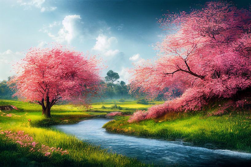 Park with river and flowering trees in spring Illustration 02 by Animaflora PicsStock