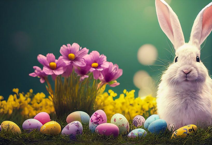 Cute Easter Bunny with Easter Eggs in Spring Illustration 01 by Animaflora PicsStock
