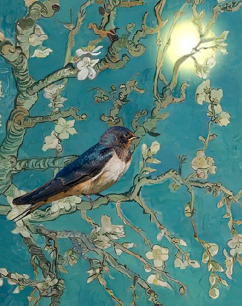 Swallow with almond blossom and sun - Vincent van Gogh by Digital Art Studio