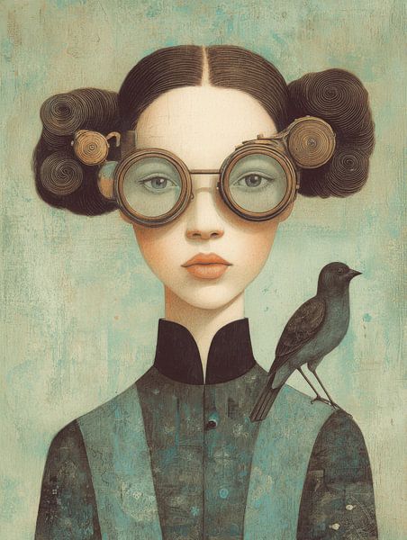 Elegante Frau mit Steampunk-Brille und Vogel - faszinierendes Porträt in weichen Tönen von But First Framing