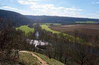 Schöner Panoramablick auf Flusslandschaft mit Bäumen und Felder unter blauem Himmel