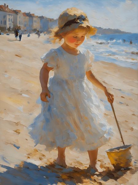 Spelend meisje op het strand impressionisme van Jolique Arte