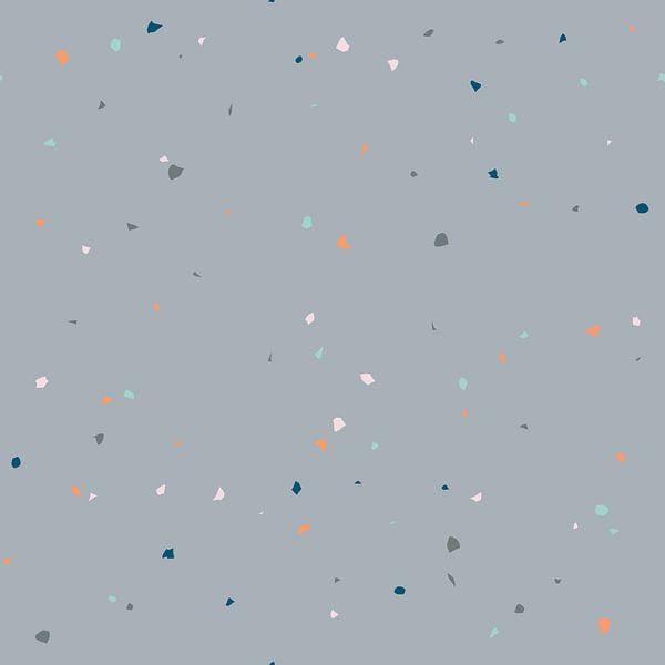 Abstract Terrazzo behang in pastel grijs, blauw, oranje en roze. van Dina Dankers