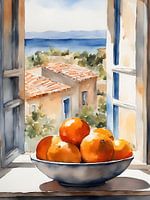 Coupe avec des oranges dans une fenêtre, aquarelle