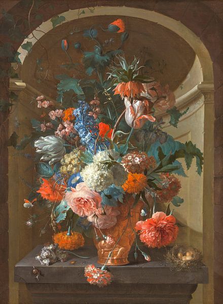 Still life with flower bouquet and bird&#039;s nest in a niche, Coenraet Roepel by Masterful Masters