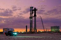 SpaceX Starship Superheavy with camper during sunset