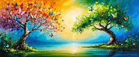 Enchanting sunrise at the forest lake - Dancing butterflies frame two majestic trees in a blaze of colour and green leaves, while the golden morning light is gently reflected in the still water