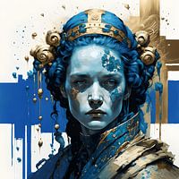 Contemplation portrait in dark blue and gold