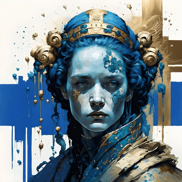 Contemplation portrait in dark blue and gold by Anouk Maria