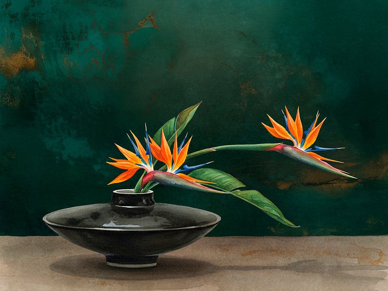 Exotisches Japandi-Stillleben: Paradiesvogelblumen auf Vase von Studio Pieternel