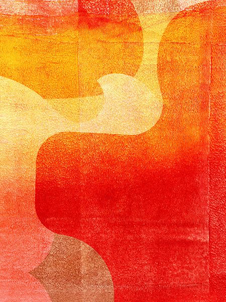 Abstracte vormen in rood, oranje, geel en roest van Dina Dankers