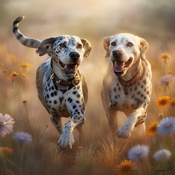 Chiens de léopard américain jouant dans un champ de fleurs par Johannas Art Creations