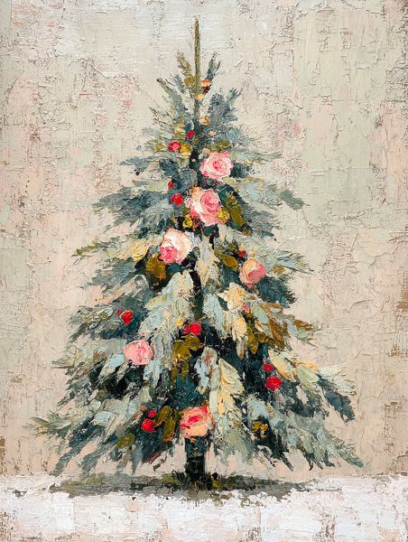 Romantic Christmas tree with roses in soft pastel tones, painted in classic oil style by But First Framing