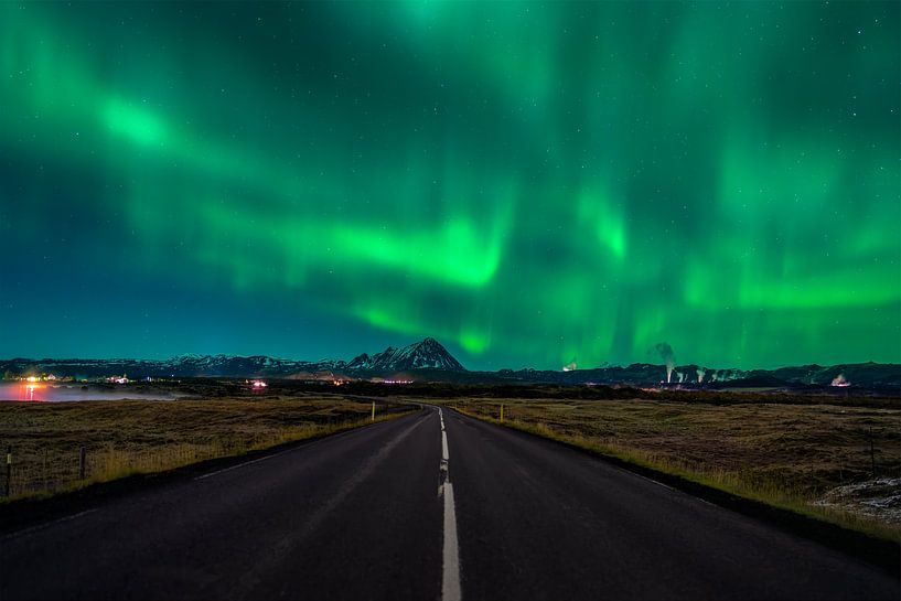Northern lights above the road by Roy Poots