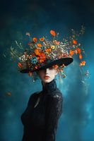 Elegance In Bloom | Frau in eleganter Pose mit Hut und orangefarbenem Blumengeflecht, blauer Hintergrund