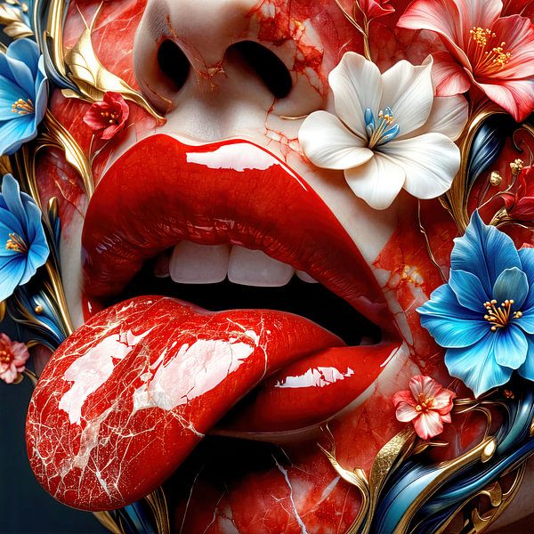 Bouche et lèvres rouges avec langue tirée - un visage de marbre entouré de fleurs d'hibiscus par AidasignArt