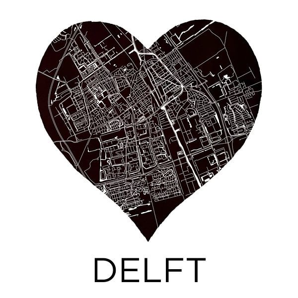 Liefde voor Delft  |  Stadskaart in een zwarte hart van WereldkaartenShop