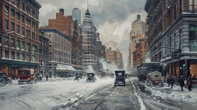 Painting of snowy street in New York city in early 20th century (KI) by Classic PrintArt