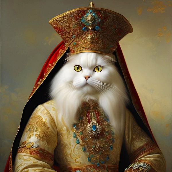 Fantasie-Perserkatze, auch Perserkatze genannt, in traditionellem persischem Kleid und Schmuck-8 von Carina Dumais