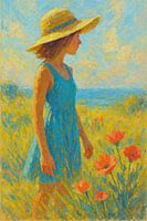 Mädchen in Blumenwiese am Meer