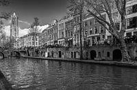 Utrecht Cathedral seen from the wharf on Oudegracht in black and white
