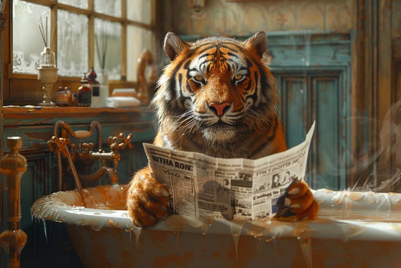 Tijger leest krant in retro badkamer van Poster Art Shop