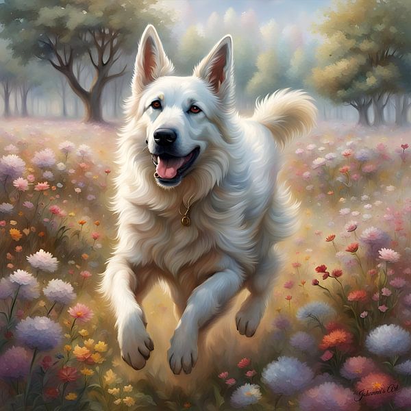 White Swiss Shepherd dog playing in a Flowerfield 2 by Johannas Art Creations