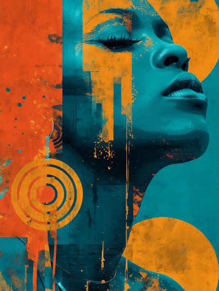 Rébellion numérique - Portrait de femme en turquoise et orange Collag par MArt