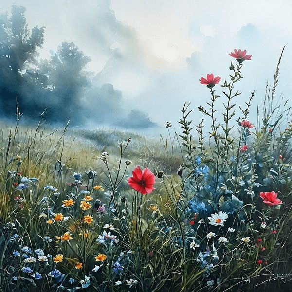 Neblige Wiese Wildblumen von Artistic