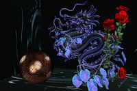 3d-Illustration. Drache und Rose sind sich eins.