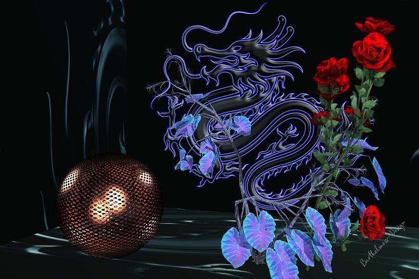 3d-Illustration. Drache und Rose sind sich eins. von Norbert Barthelmess