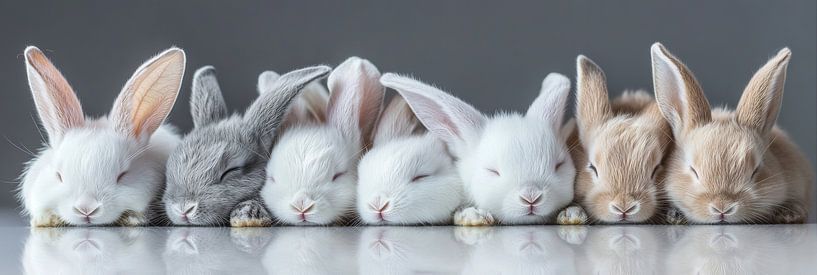 Seven cute bunnies snuggle up next to each other to sleep by Digitale Schilderijen