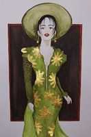 Woman in green dress with golden details