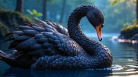 BLACK SWAN: Schwarzer Schwan im Morgenlicht am See