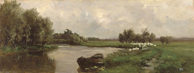 Carlos de Haes - Ein Fluss, ein Boot am Fluss, eine alte Landschaft. von finemasterpiece