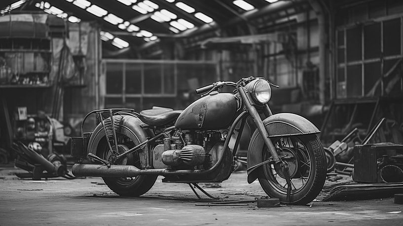 Ein Schwarz-Weiß-Foto eines alten Vintage-Motorrads im Hangar, Kunstdesign von Animaflora PicsStock